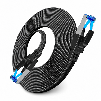 🔥Cat8 Flat Ethernet Cable 40Gbps Shielded Black Braided Network Cord with Oxygen-Free Copper and Blue Connectors
