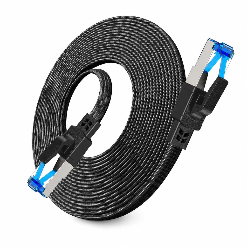 🔥Cat8 Flat Ethernet Cable 40Gbps Shielded Black Braided Network Cord with Oxygen-Free Copper and Blue Connectors