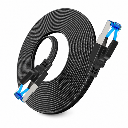 🔥Cat8 Flat Ethernet Cable 40Gbps Shielded Black Braided Network Cord with Oxygen-Free Copper and Blue Connectors