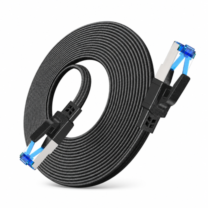 🔥Cat8 Flat Ethernet Cable 40Gbps Shielded Black Braided Network Cord with Oxygen-Free Copper and Blue Connectors