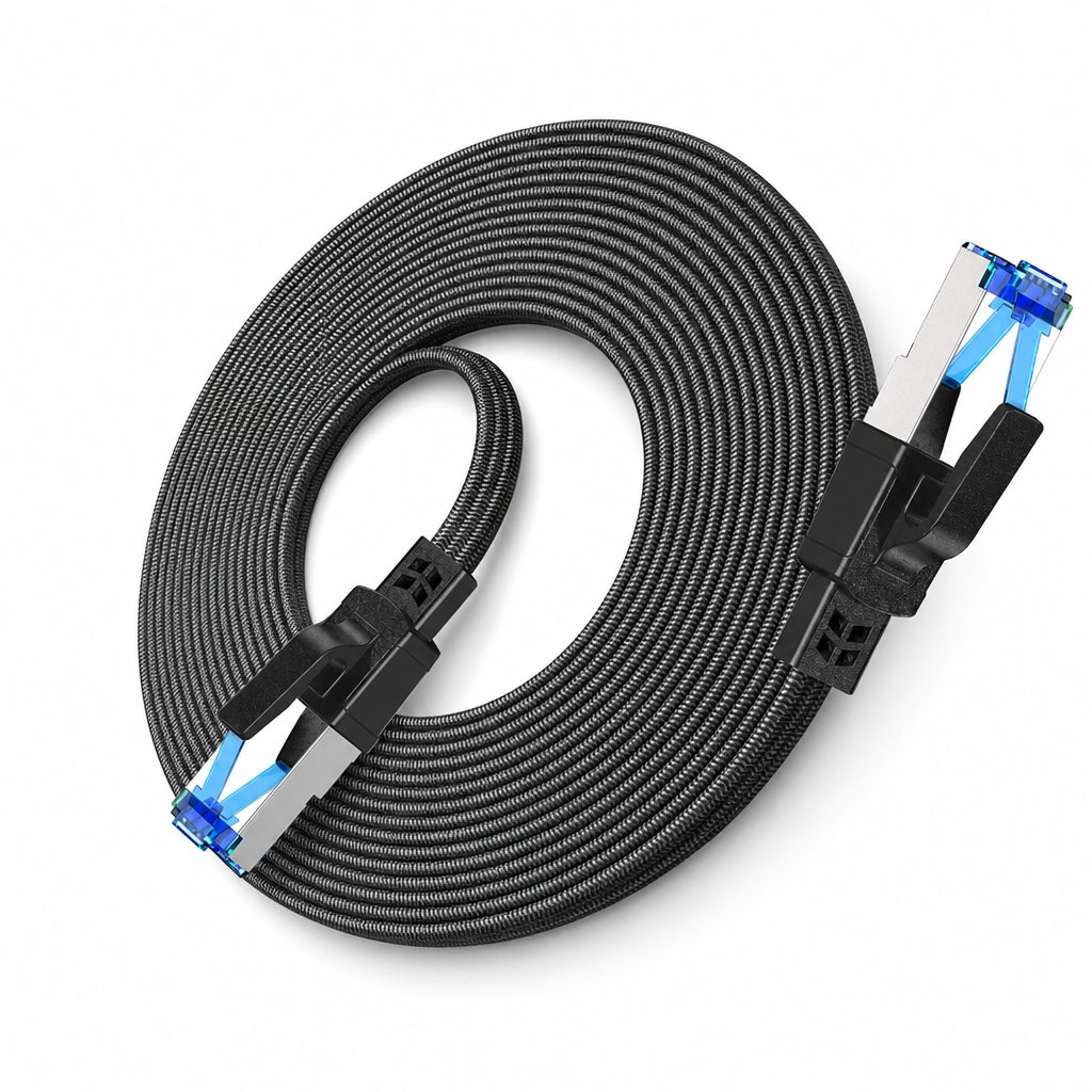 🔥Cat8 Flat Ethernet Cable 40Gbps Shielded Black Braided Network Cord with Oxygen-Free Copper and Blue Connectors