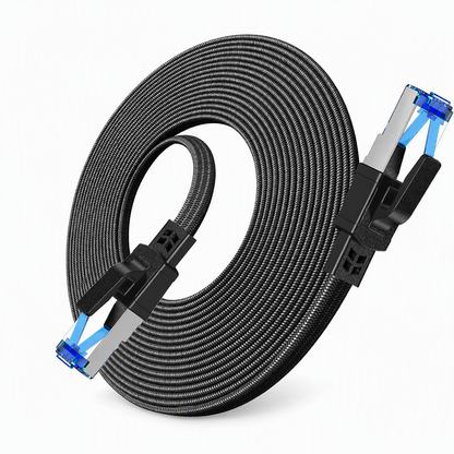 🔥Cat8 Flat Ethernet Cable 40Gbps Shielded Black Braided Network Cord with Oxygen-Free Copper and Blue Connectors