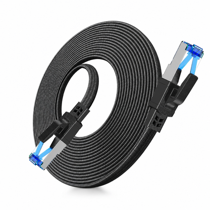 🔥Cat8 Flat Ethernet Cable 40Gbps Shielded Black Braided Network Cord with Oxygen-Free Copper and Blue Connectors