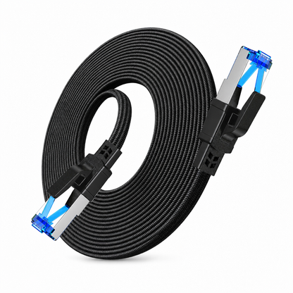 🔥Cat8 Flat Ethernet Cable 40Gbps Shielded Black Braided Network Cord with Oxygen-Free Copper and Blue Connectors