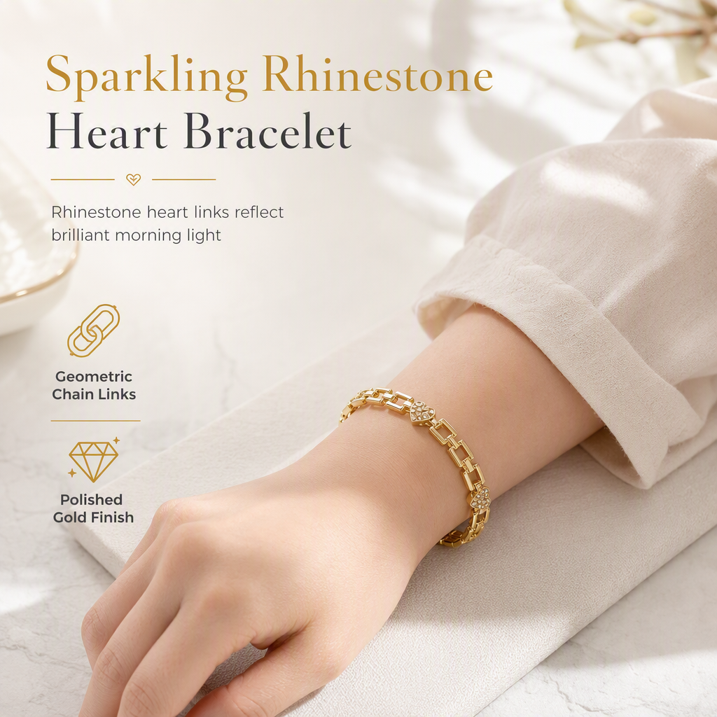 ✨ Gold Rhinestone Heart & Square Hollow Chain Bracelet – Hand-Set Rhinestone Hearts, Polished Gold Clasp & Lightweight Geometric Links – Parisian Elegance for Every Outfit 💛