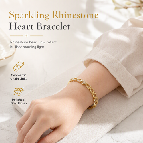 ✨ Gold Rhinestone Heart & Square Hollow Chain Bracelet – Hand-Set Rhinestone Hearts, Polished Gold Clasp & Lightweight Geometric Links – Parisian Elegance for Every Outfit 💛