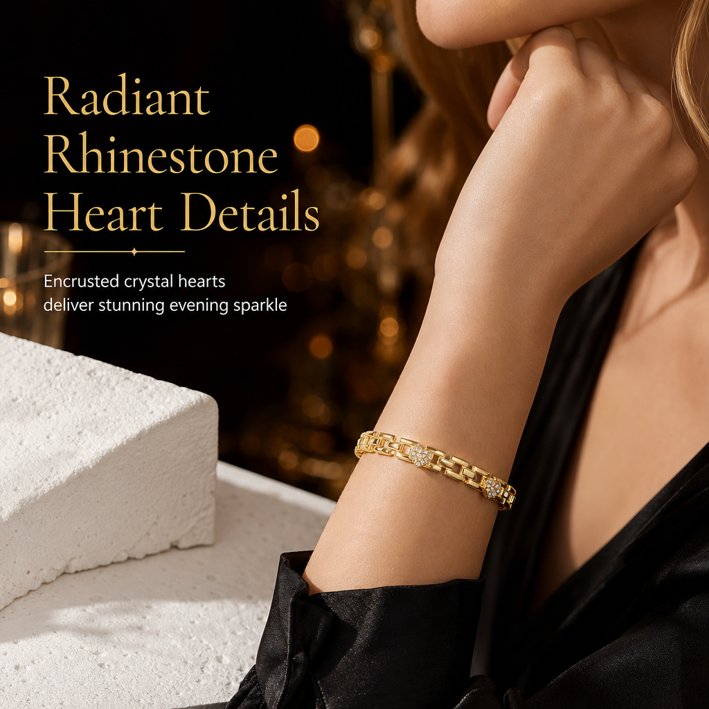 ✨ Gold Rhinestone Heart & Square Hollow Chain Bracelet – Hand-Set Rhinestone Hearts, Polished Gold Clasp & Lightweight Geometric Links – Parisian Elegance for Every Outfit 💛