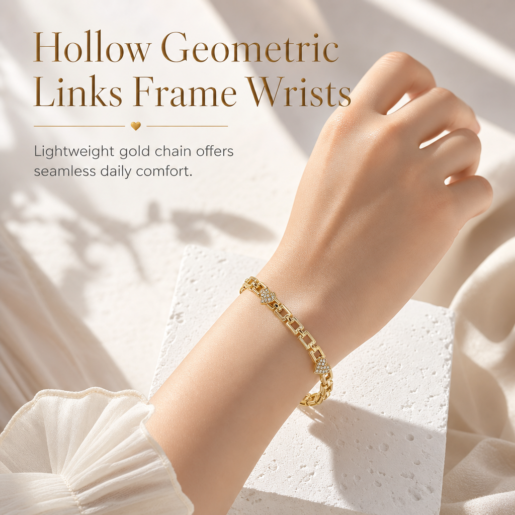 ✨ Gold Rhinestone Heart & Square Hollow Chain Bracelet – Hand-Set Rhinestone Hearts, Polished Gold Clasp & Lightweight Geometric Links – Parisian Elegance for Every Outfit 💛