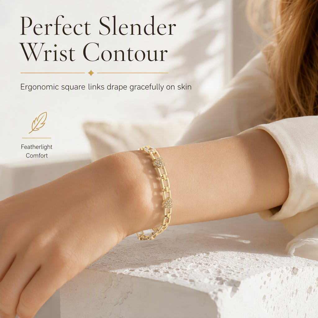 ✨ Gold Rhinestone Heart & Square Hollow Chain Bracelet – Hand-Set Rhinestone Hearts, Polished Gold Clasp & Lightweight Geometric Links – Parisian Elegance for Every Outfit 💛