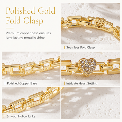 ✨ Gold Rhinestone Heart & Square Hollow Chain Bracelet – Hand-Set Rhinestone Hearts, Polished Gold Clasp & Lightweight Geometric Links – Parisian Elegance for Every Outfit 💛