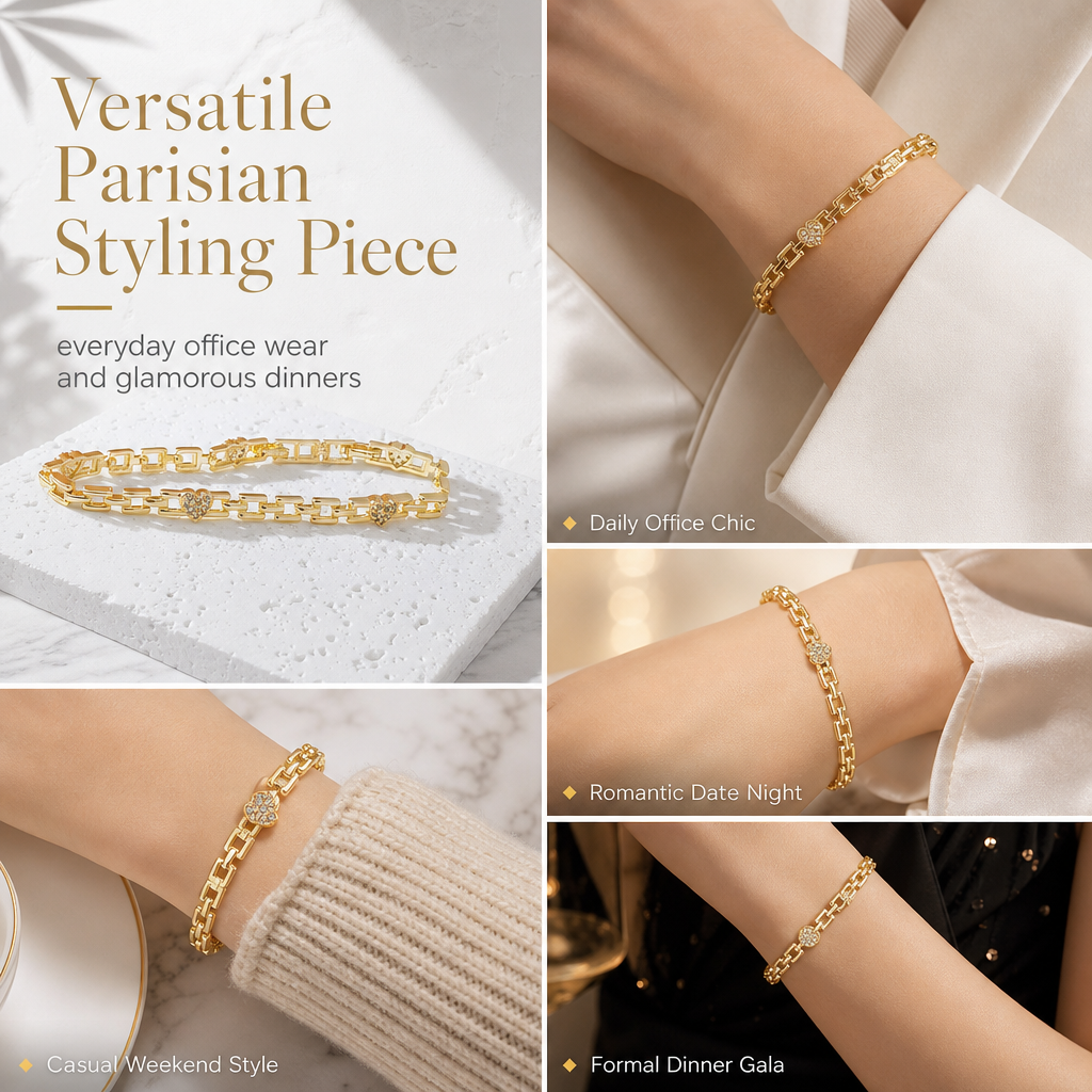 ✨ Gold Rhinestone Heart & Square Hollow Chain Bracelet – Hand-Set Rhinestone Hearts, Polished Gold Clasp & Lightweight Geometric Links – Parisian Elegance for Every Outfit 💛