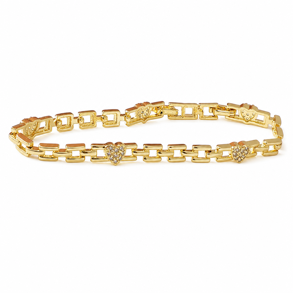 ✨ Gold Rhinestone Heart & Square Hollow Chain Bracelet – Hand-Set Rhinestone Hearts, Polished Gold Clasp & Lightweight Geometric Links – Parisian Elegance for Every Outfit 💛