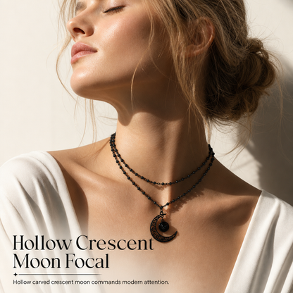 Gothic Dark Crystal Beaded Chain Necklace with Hollow Out Moon Alloy Pendant🖤🌙