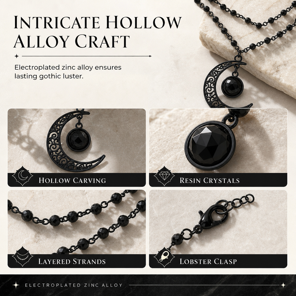 Gothic Dark Crystal Beaded Chain Necklace with Hollow Out Moon Alloy Pendant🖤🌙