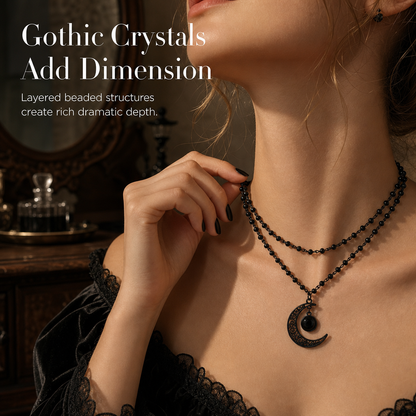 Gothic Dark Crystal Beaded Chain Necklace with Hollow Out Moon Alloy Pendant🖤🌙