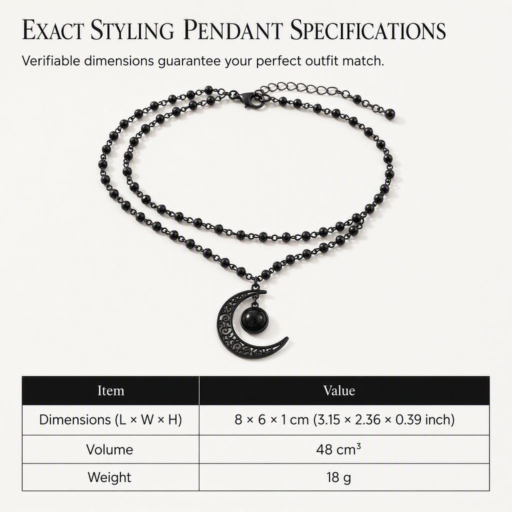 Gothic Dark Crystal Beaded Chain Necklace with Hollow Out Moon Alloy Pendant🖤🌙