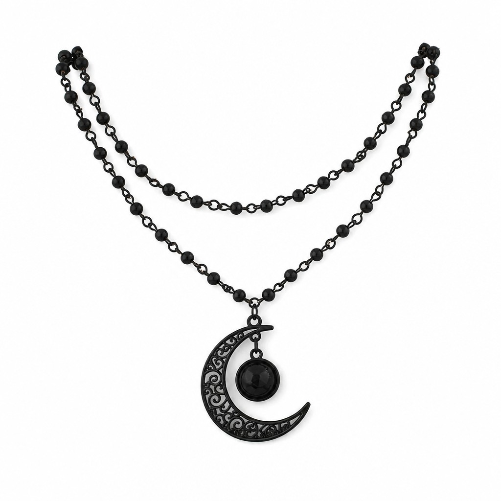 Gothic Dark Crystal Beaded Chain Necklace with Hollow Out Moon Alloy Pendant🖤🌙