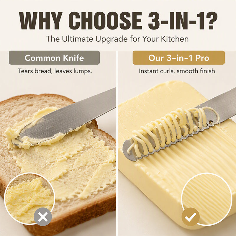 Professional 3-in-1 butter and spreading knife made of 304 stainless steel