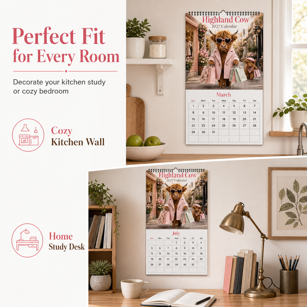Highland Cow series – 12-month wall calendar to hang up