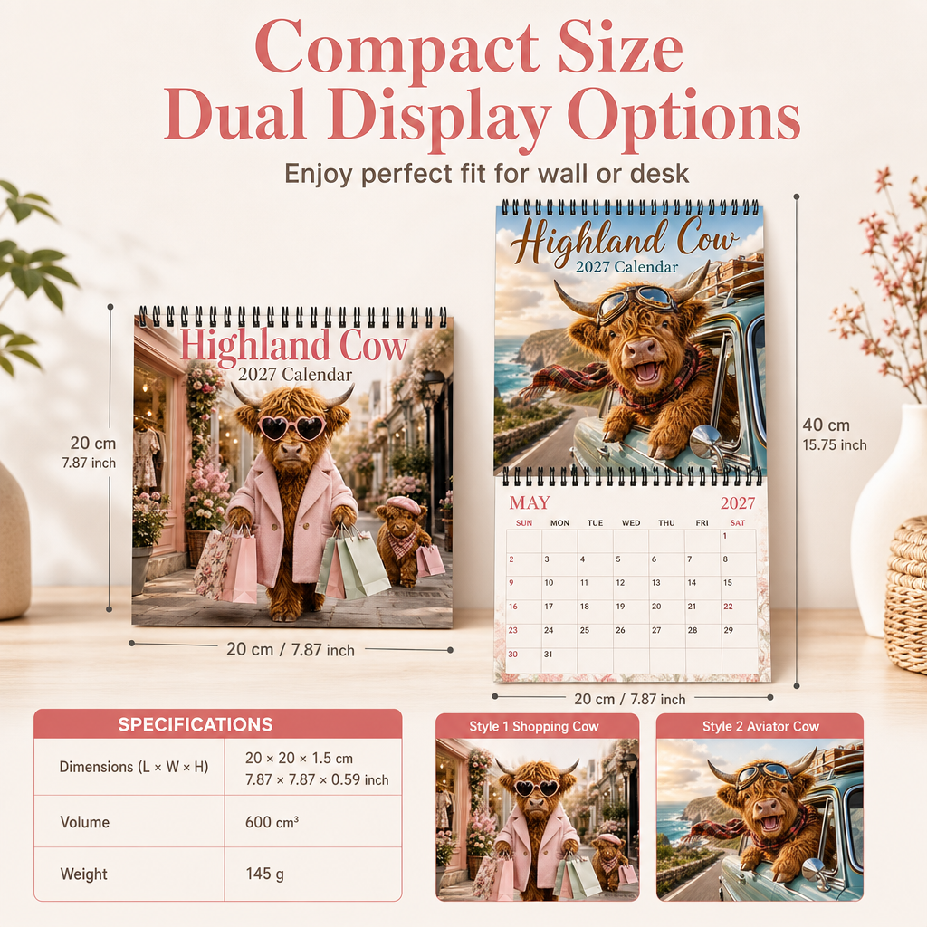 Highland Cow series – 12-month wall calendar to hang up
